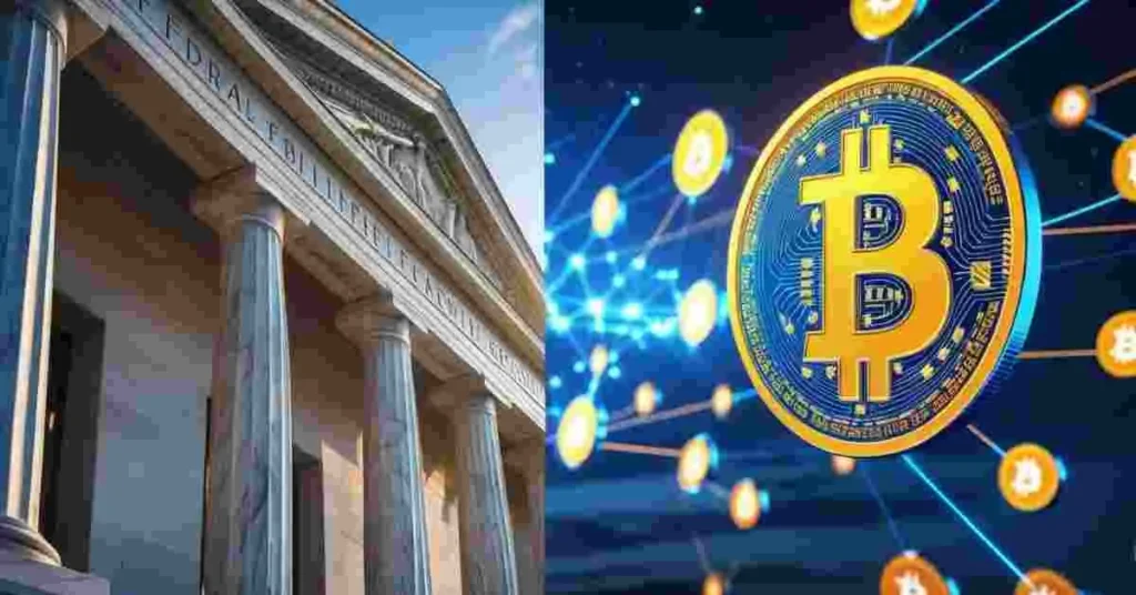 Federal Reserve building and glowing Bitcoin logos