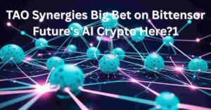 convergence of artificial intelligence and blockchain technology, with glowing nodes and data streams