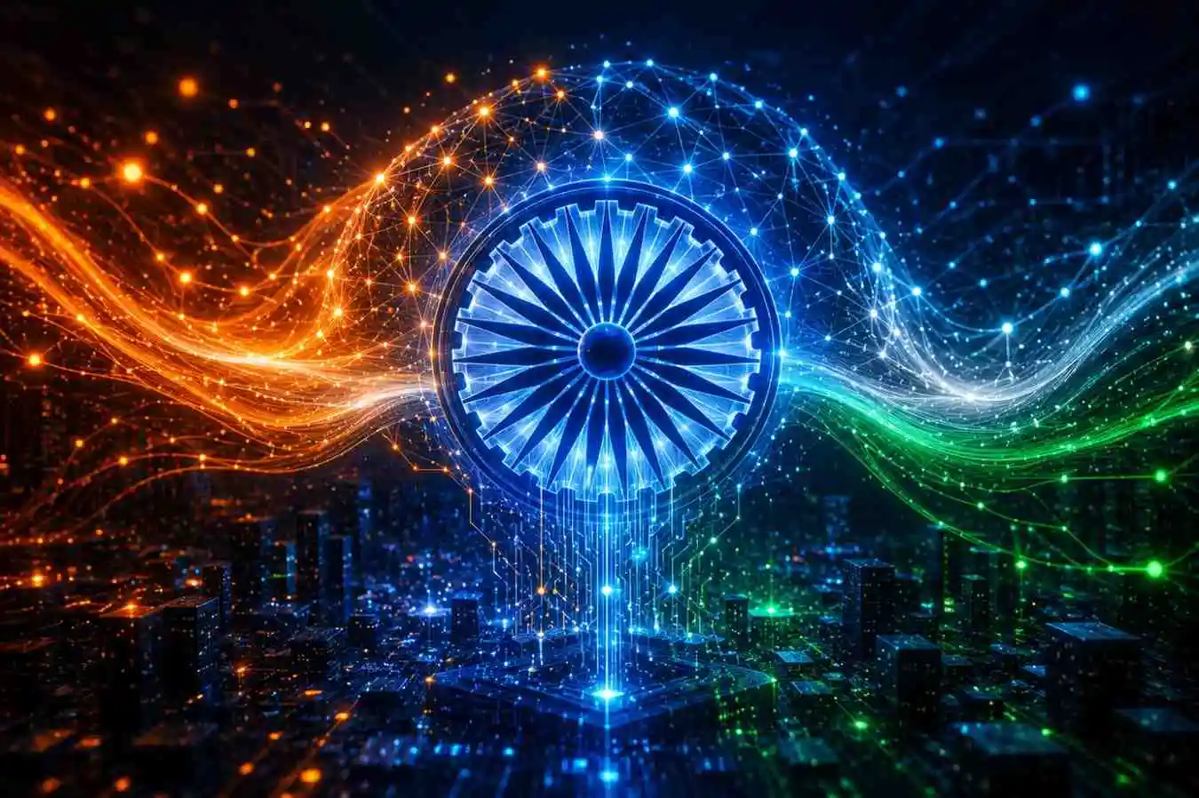 BharatGen AI — India's sovereign AI model featuring neural network design with Indian cultural elements