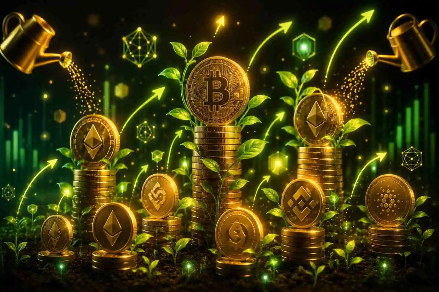 Cryptocurrency staking and yield farming concept — golden coins generating passive income with DeFi symbols