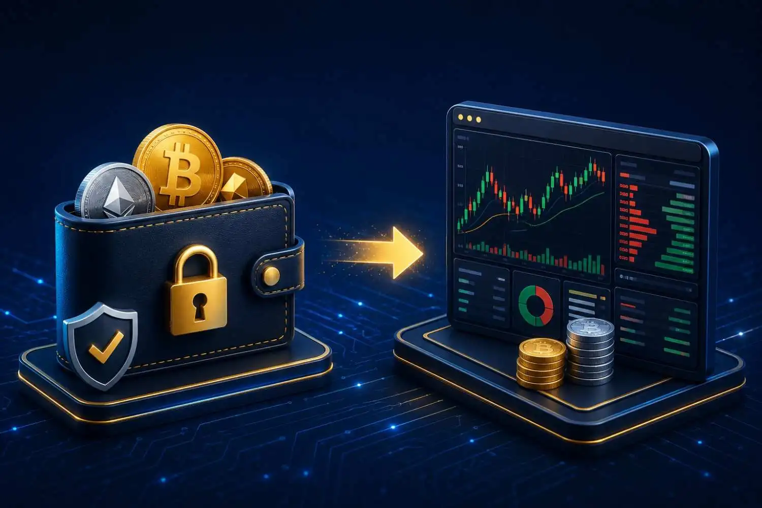 Comparison of crypto wallet versus exchange — digital wallet with lock symbol versus trading platform