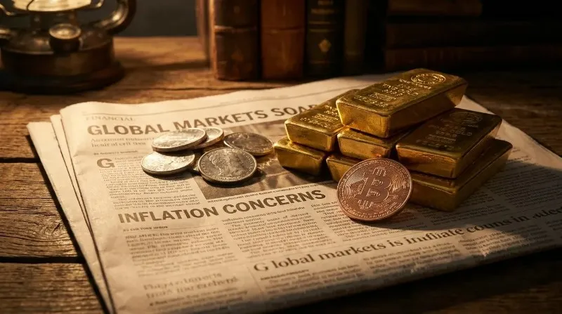Gold, silver, and Bitcoin hard assets positioned as an inflation hedge against a weakening dollar