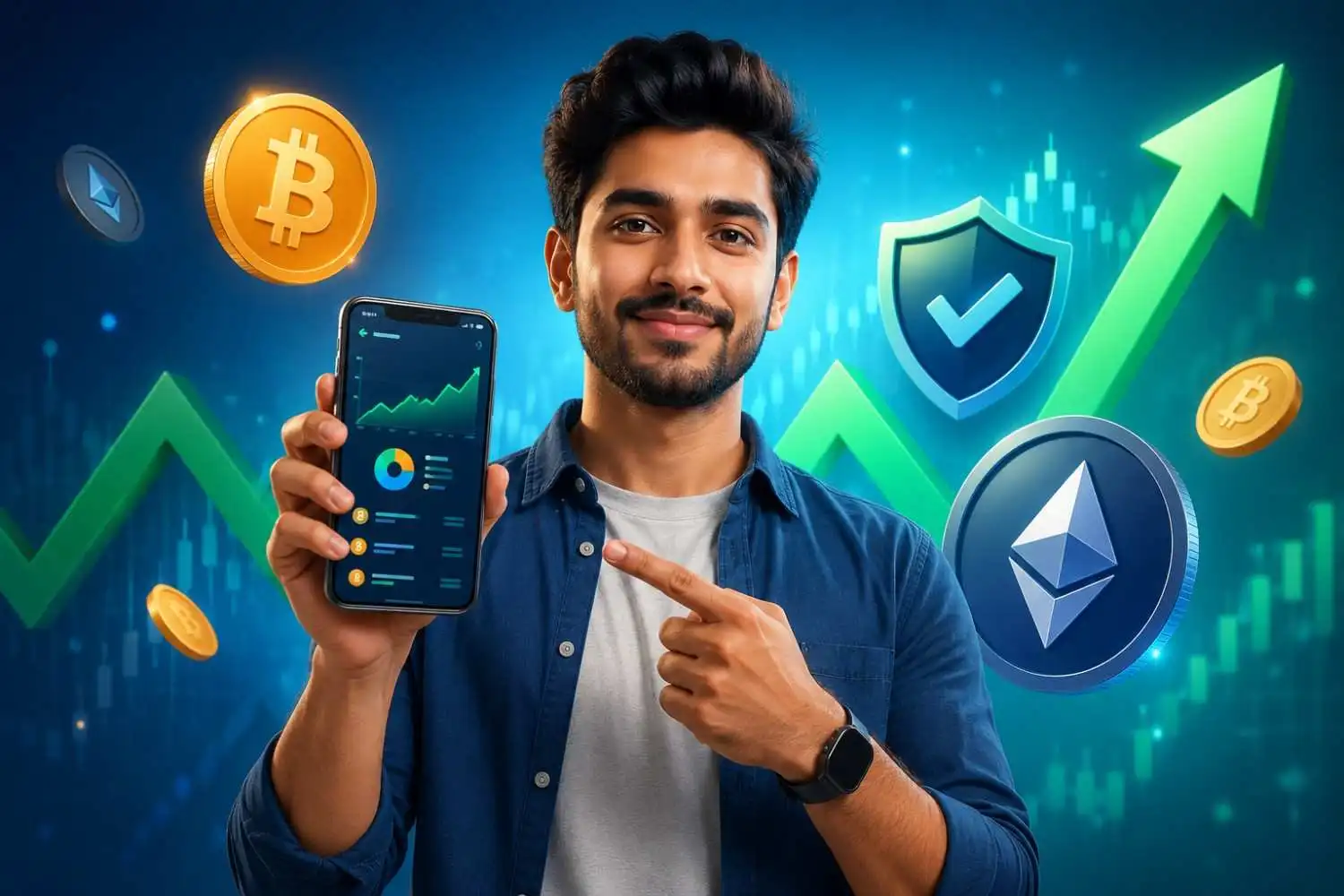 Beginner investor with smartphone showing cryptocurrency portfolio — safe crypto investment guide for 2026