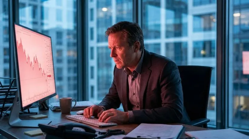 Investor analyzing a falling market chart amid warnings of a 2026 economic crash