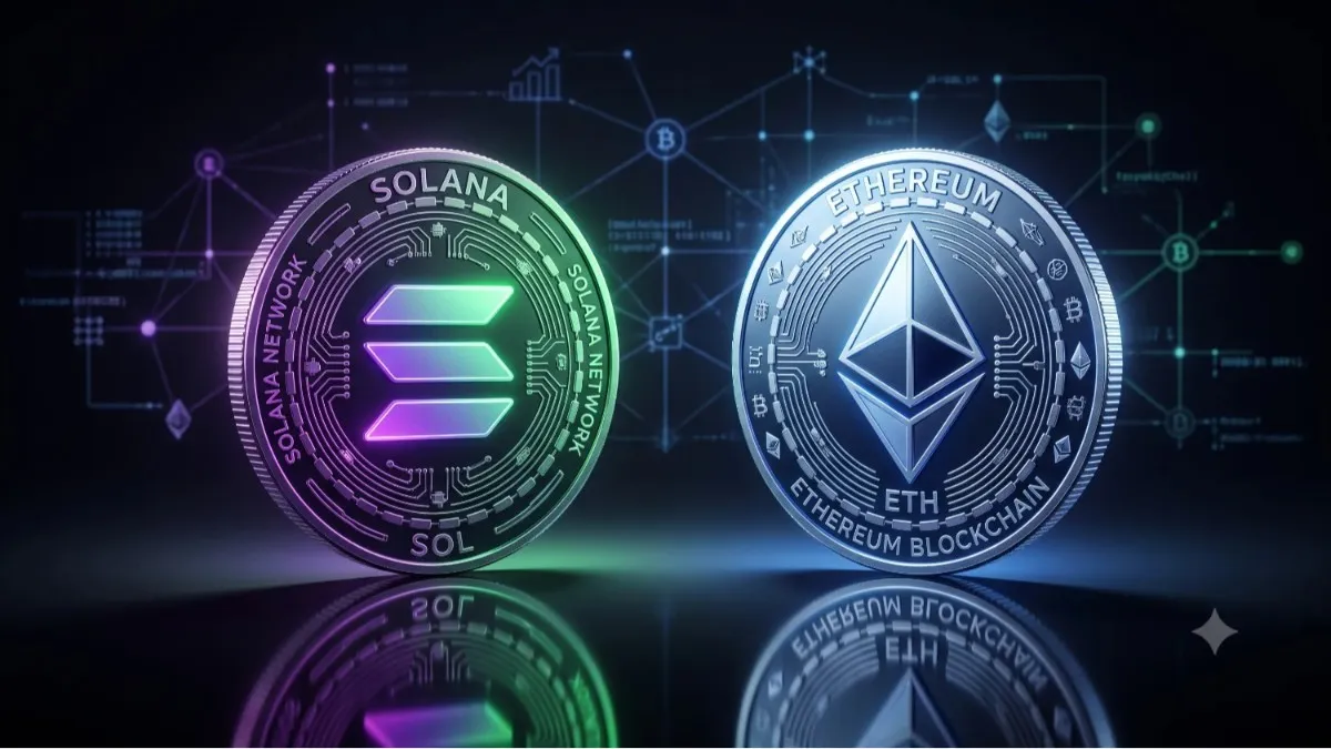 Solana and Ethereum coins side by side illustrating the "is Solana the new Ethereum" comparison in 2026