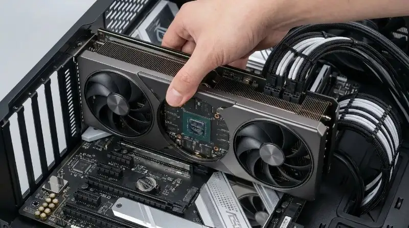 RTX 5090 vs RTX 4090 flagship GPU being installed in a modern 4K gaming PC build