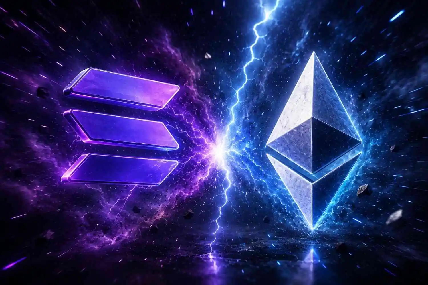 Solana versus Ethereum comparison — two cryptocurrency logos facing each other with blockchain battle concept