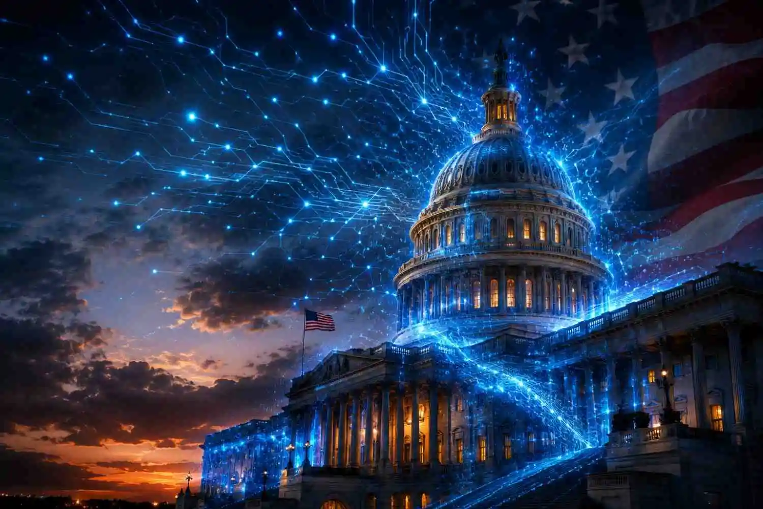 US Capitol building with AI neural network overlay representing the Senate AI regulation moratorium vote
