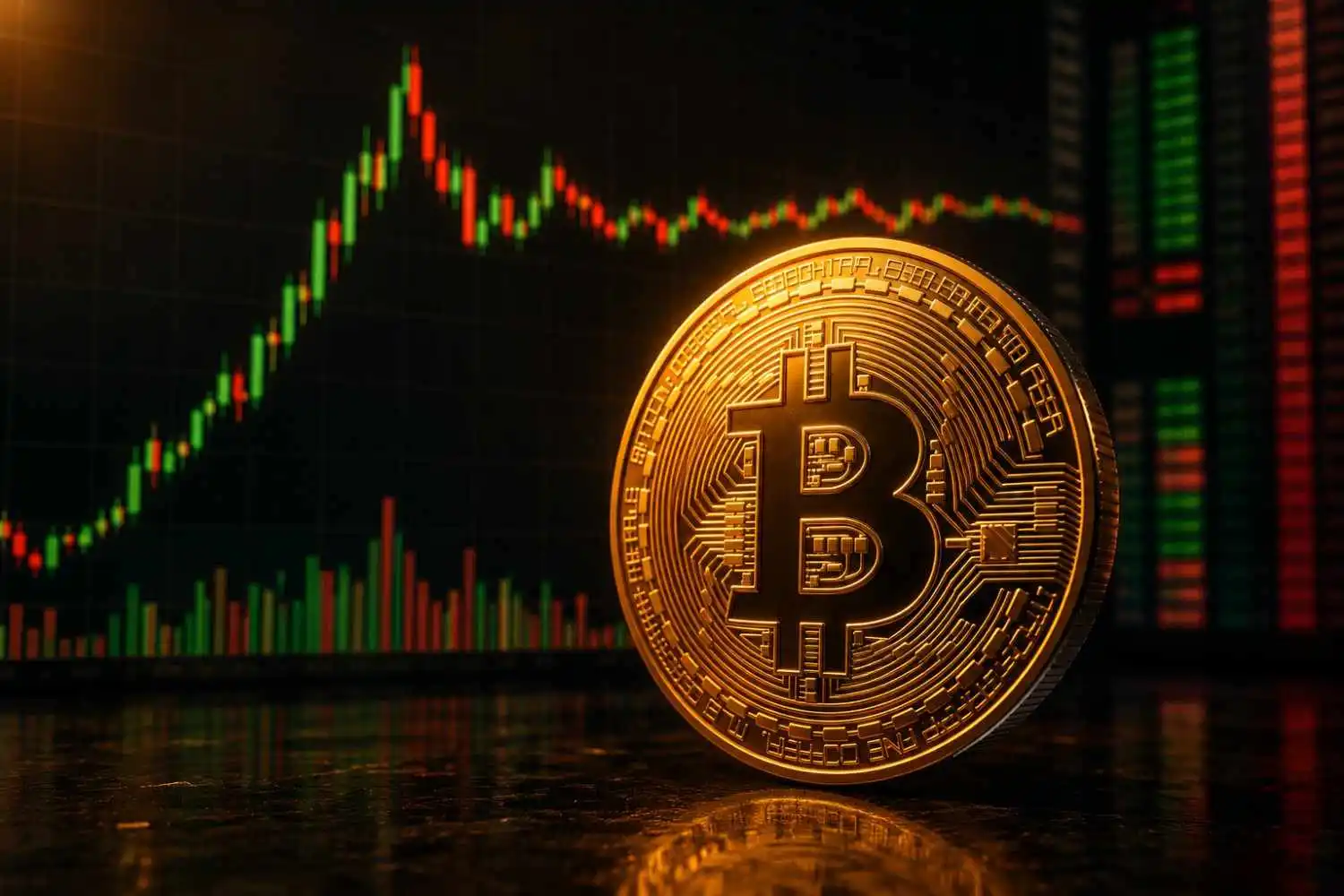 Bitcoin gold coin with cryptocurrency price chart showing crypto rally slowing down in 2026