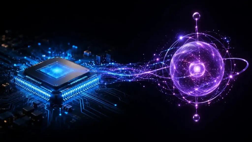 A comparison between a traditional AI microchip and a glowing quantum qubit.