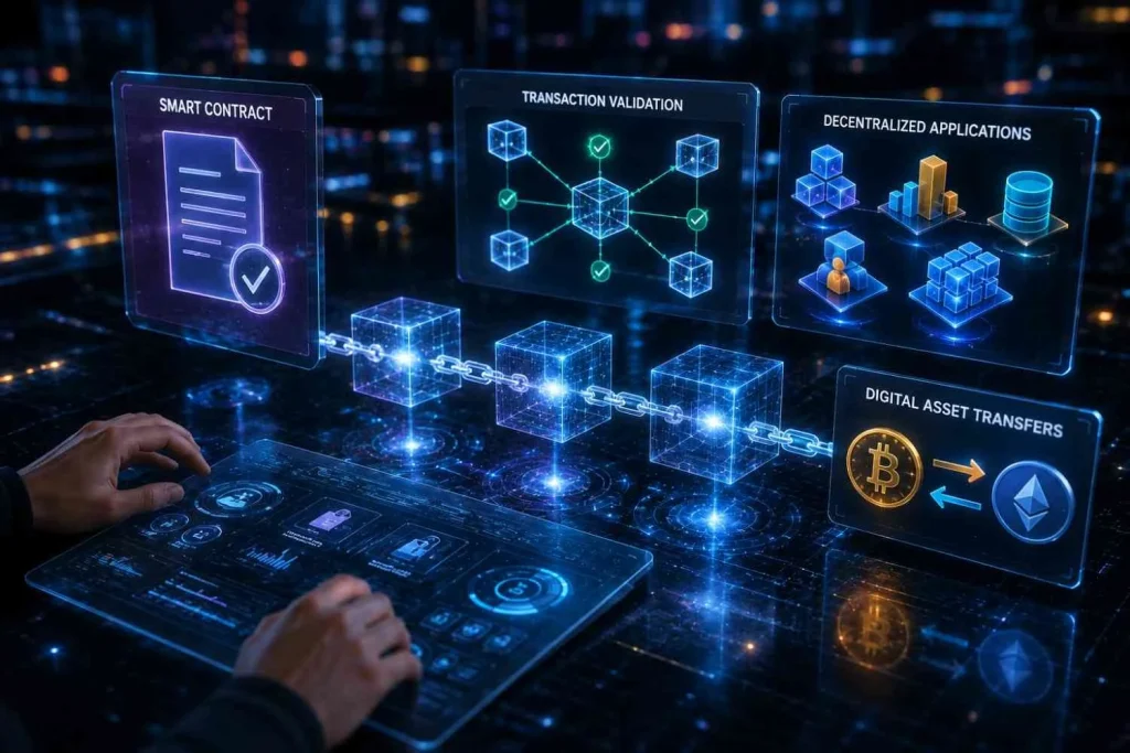 Smart contracts and blockchain transaction workflow visualization