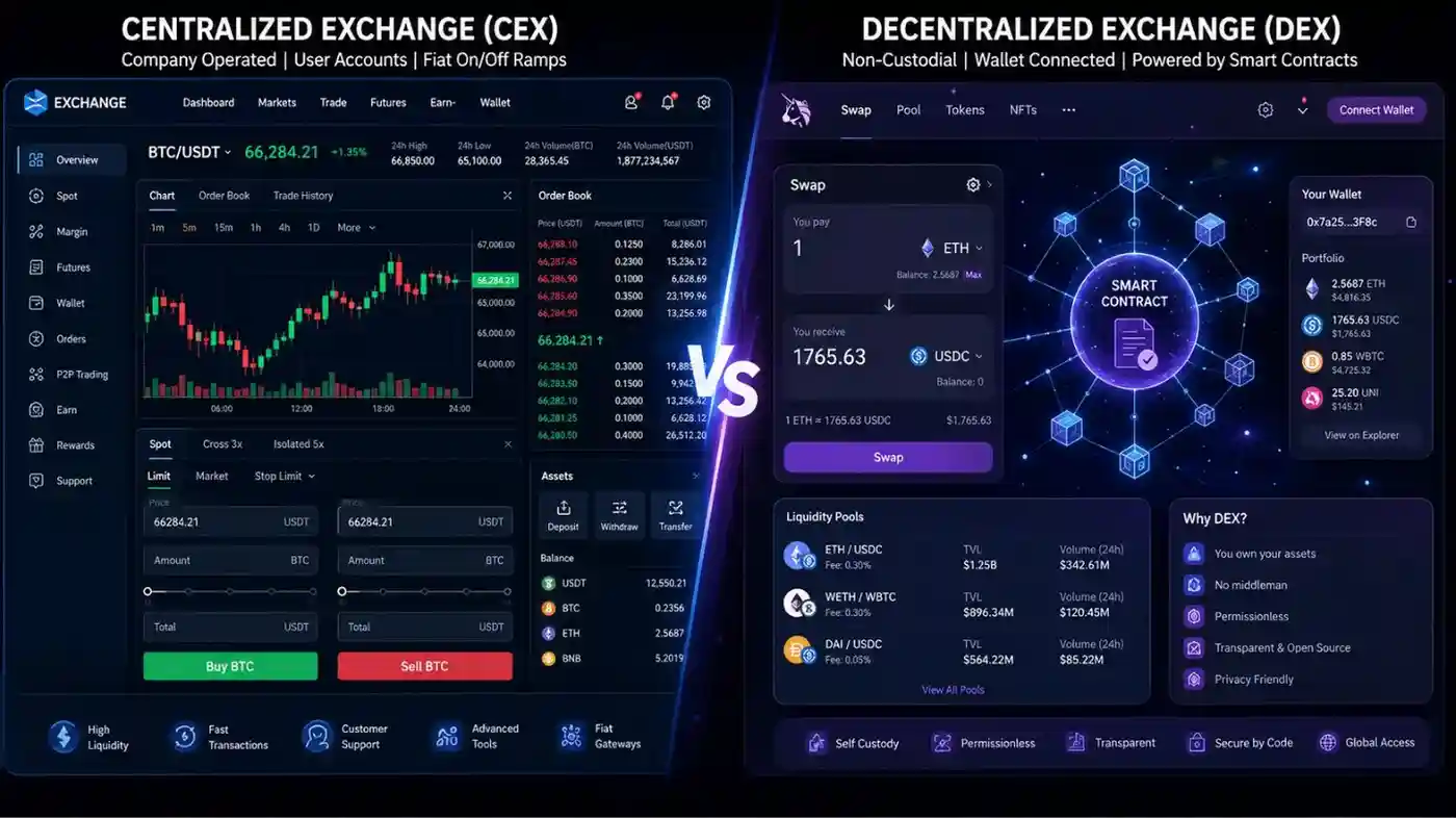 Comparison between centralized and decentralized cryptocurrency exchanges.
