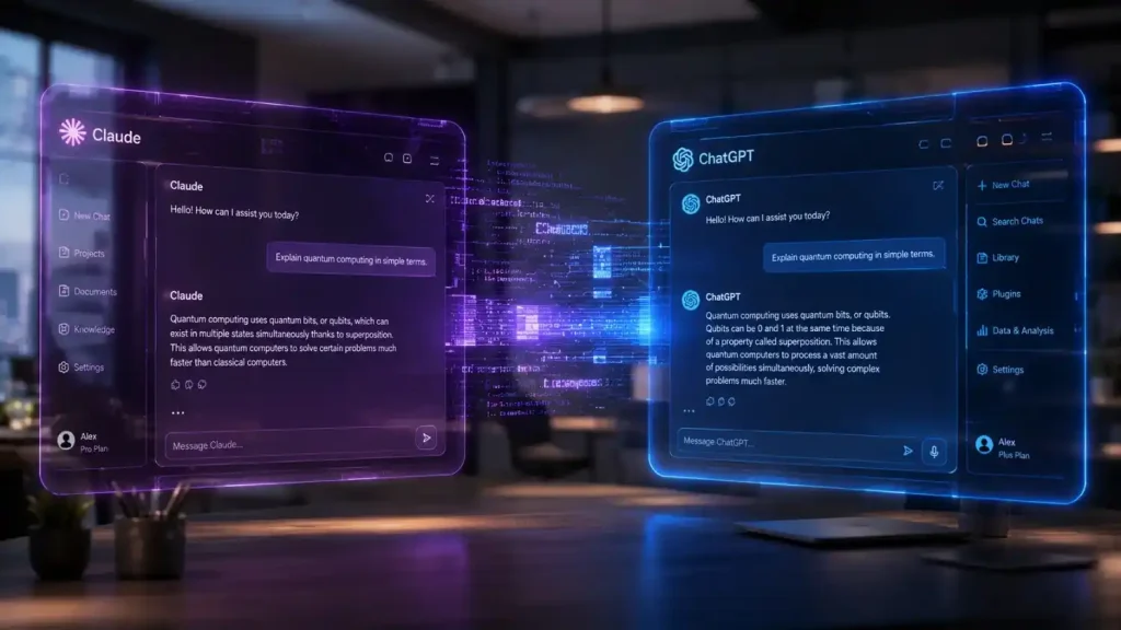 Claude AI and ChatGPT interfaces side by side on glowing holographic panels