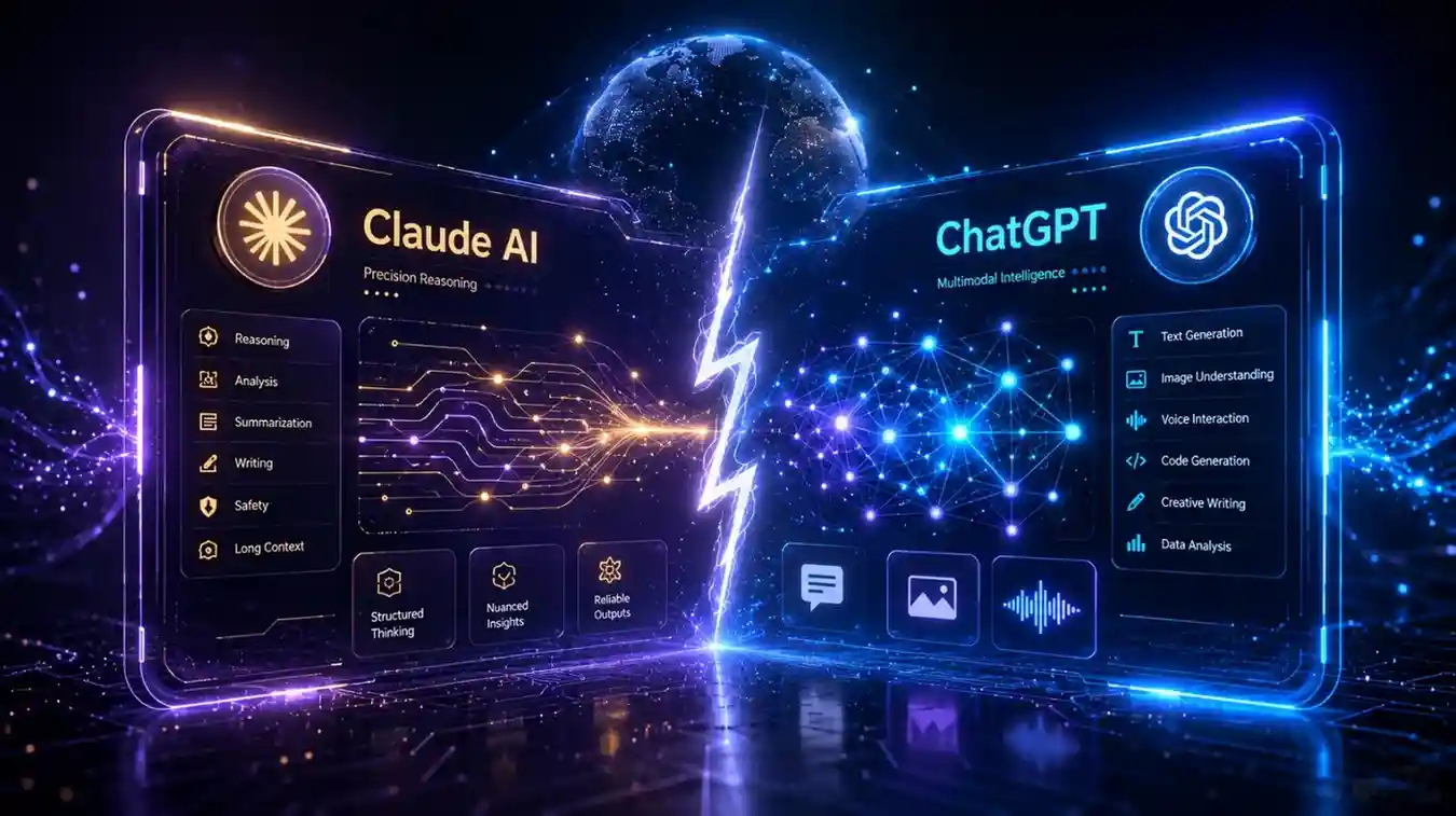 Claude AI vs ChatGPT comparison 2026 — side-by-side AI model showdown with glowing interface