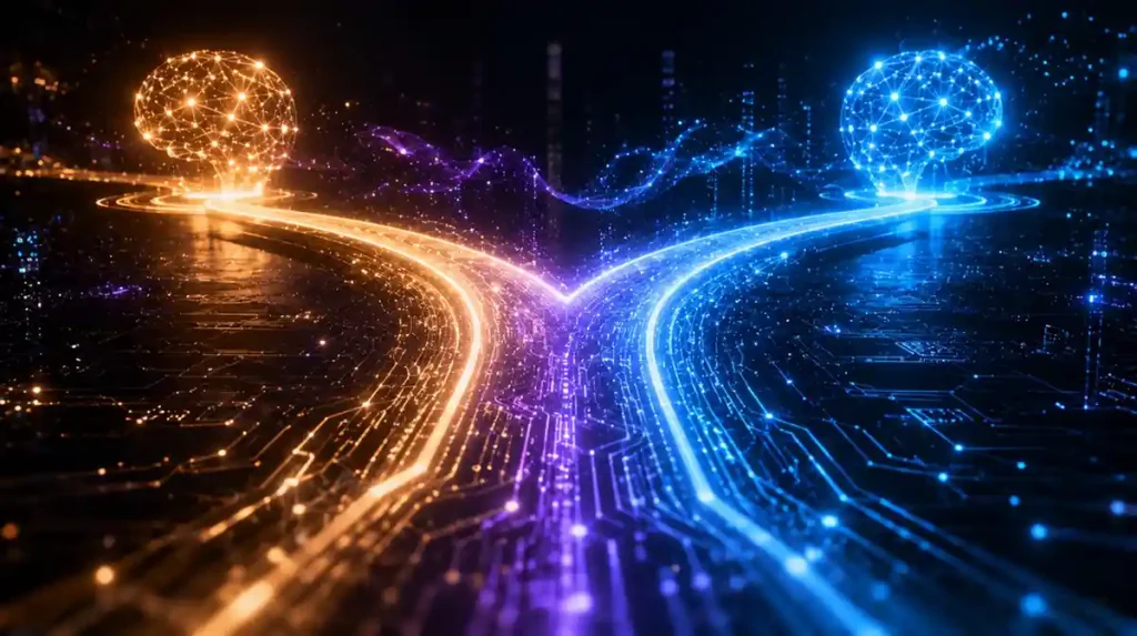 Decision pathway concept showing Claude AI vs ChatGPT as glowing circuit board choices