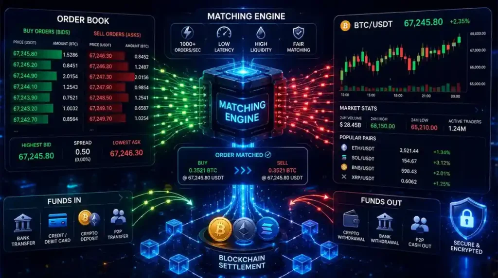 Crypto exchange order book and matching engine processing trades.