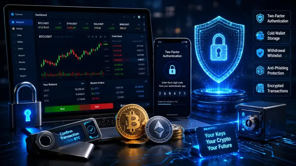 Secure cryptocurrency exchange using hardware wallet, two-factor authentication, blockchain encryption, and cybersecurity protection.