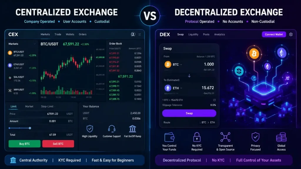 Centralized and decentralized cryptocurrency exchange comparison with Bitcoin and Ethereum trading interface.