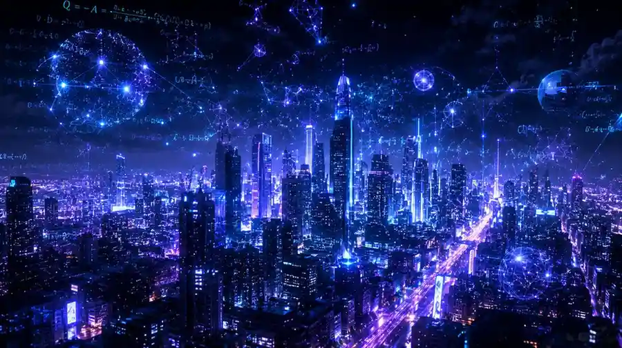A futuristic neon city powered by advanced quantum artificial intelligence