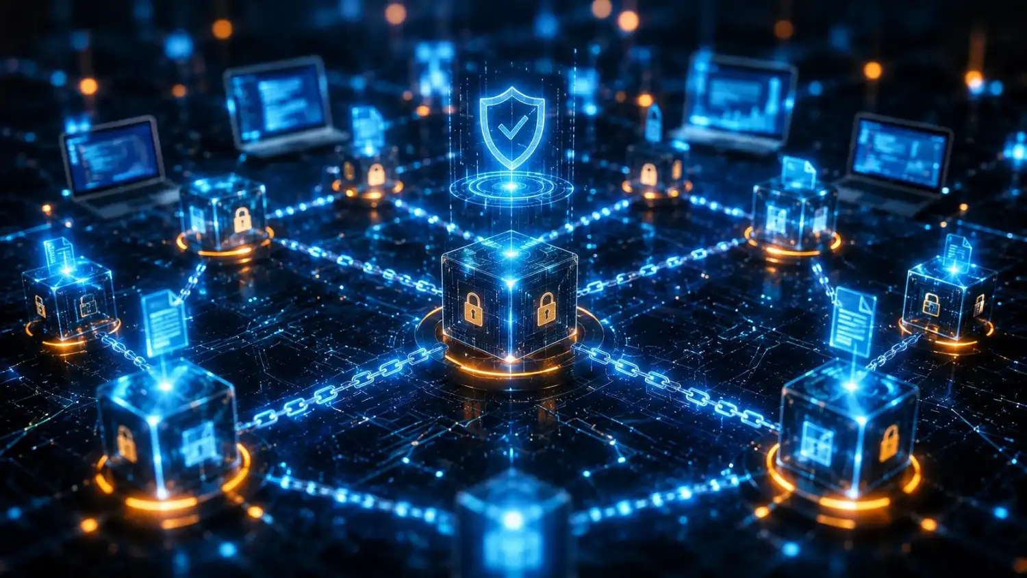 Visualization showing how blockchain technology connects transactions through secure digital blocks