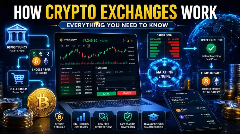 How crypto exchanges work showing Bitcoin trading dashboard, blockchain network, order book, digital wallet, and cryptocurrency transactions.