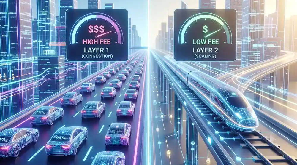 A crowded digital highway next to a fast bullet train representing Layer 1 versus Layer 2 crypto networks
