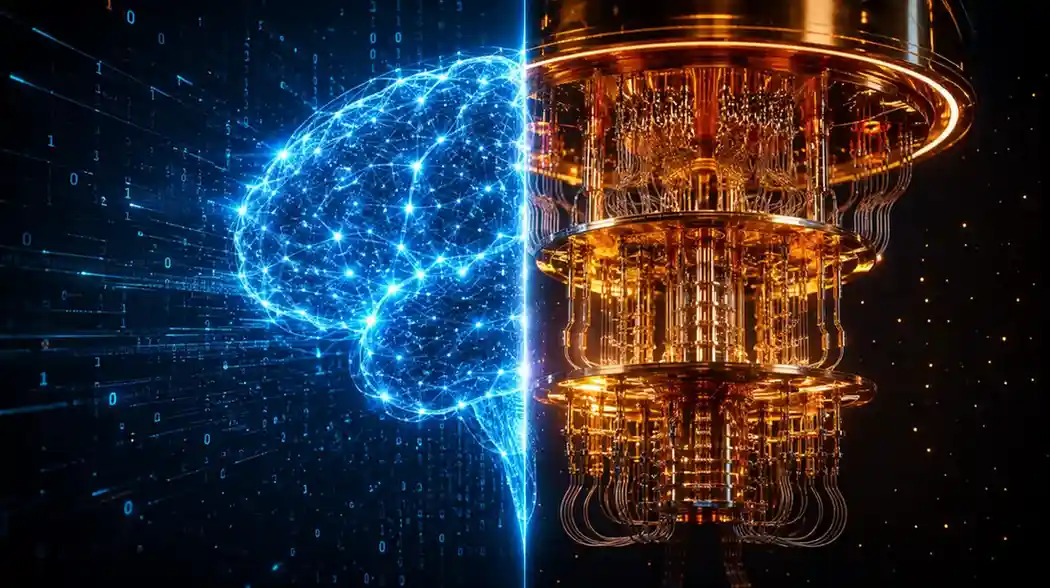 A split visual showing an AI neural network brain on one side and a glowing quantum computing processor on the other, representing the quantum computing vs AI difference.