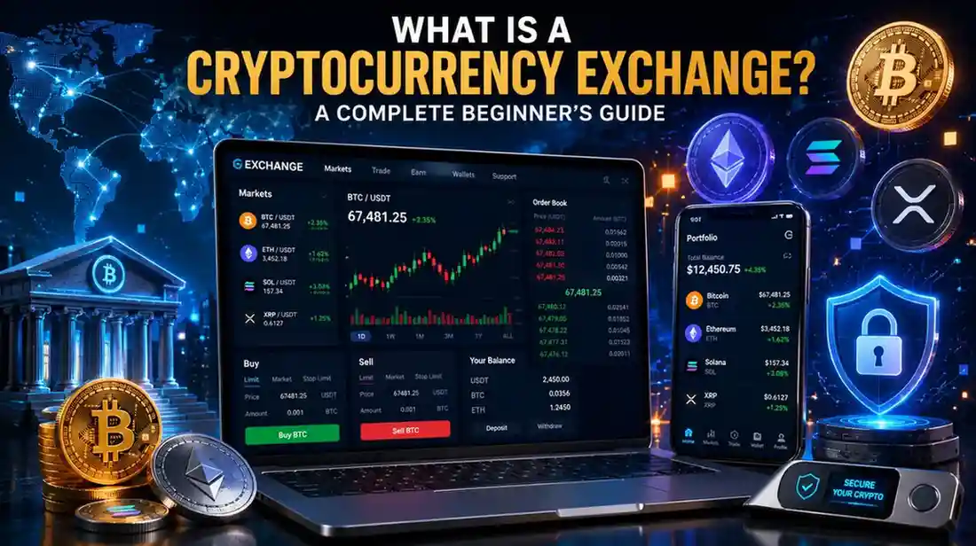 Cryptocurrency exchange platform showing Bitcoin, Ethereum trading charts, blockchain network, and digital asset marketplace for beginners.
