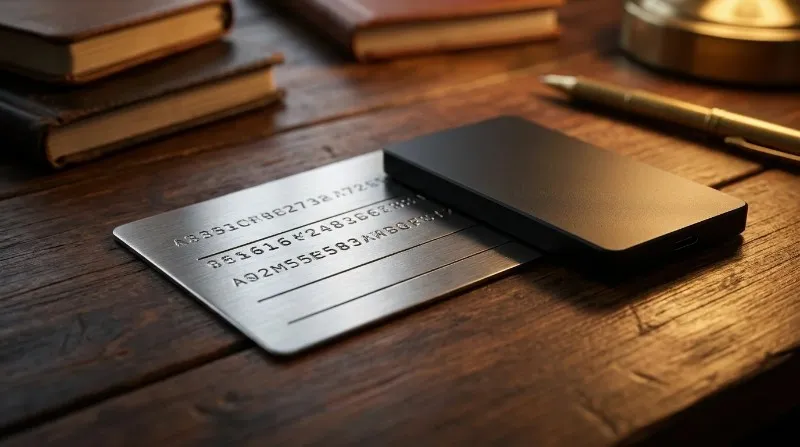 A crypto seed phrase backup plate and hardware wallet illustrating secure recovery phrase storage