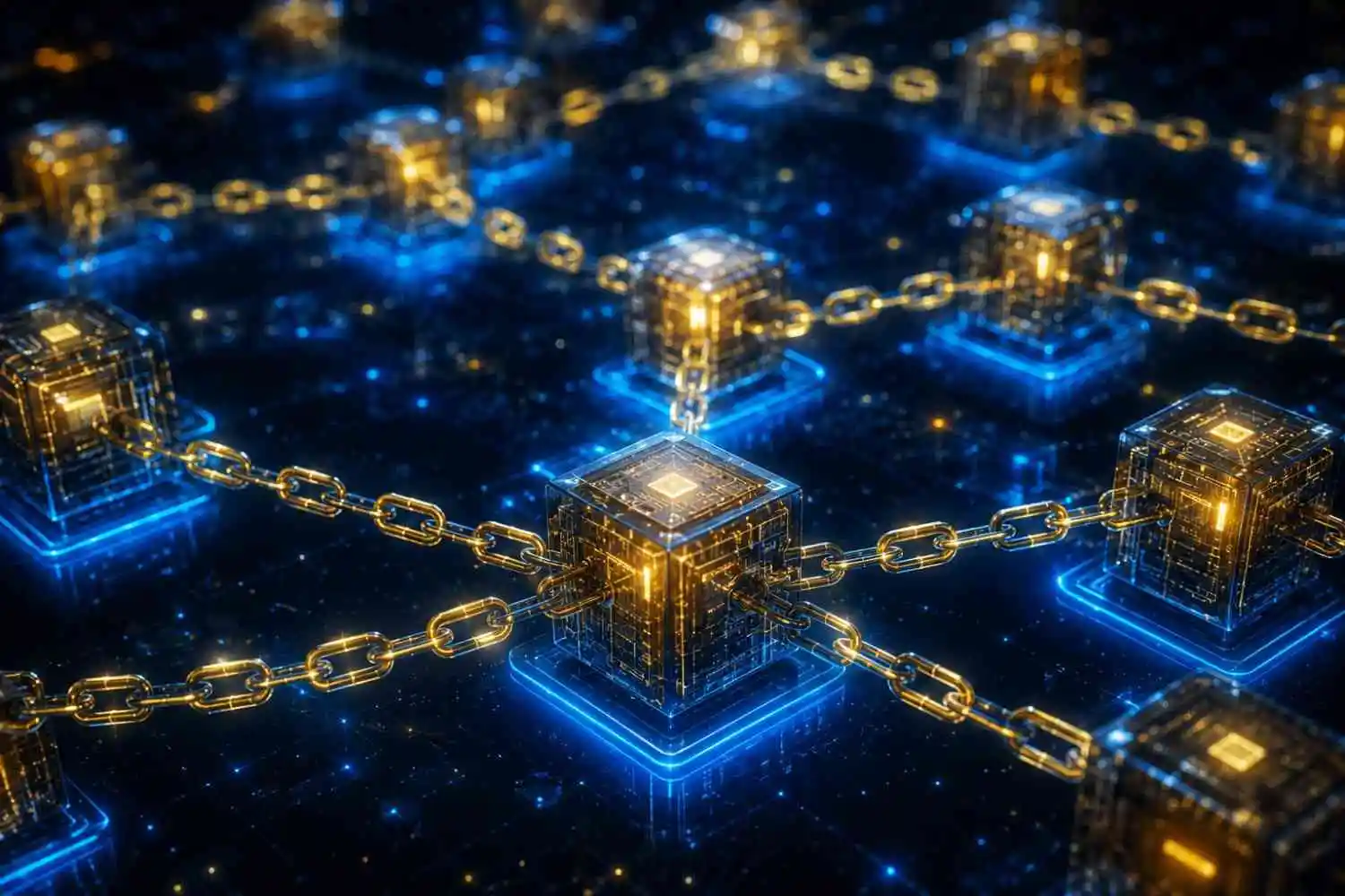 Blockchain technology concept — glowing interconnected nodes and digital chain links network visualization