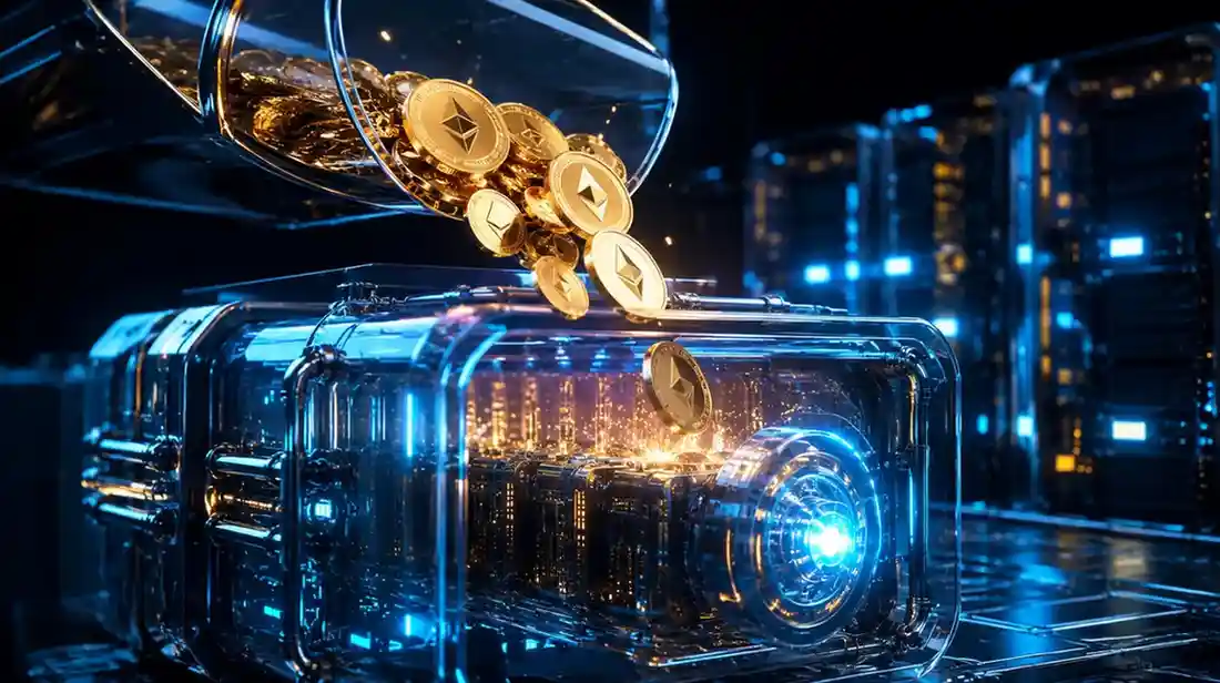 digital cryptocurrency coins fueling a futuristic computer network, representing crypto gas fees.