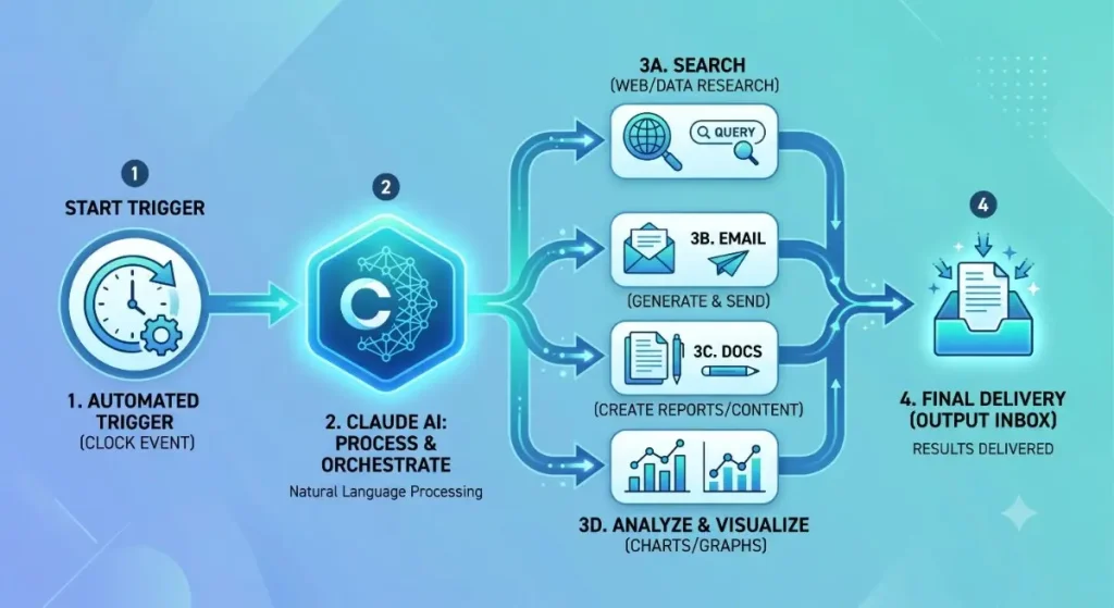 Diagram explaining how to automate workflows with Claude routines from trigger to delivery