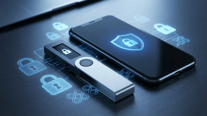 Hardware wallet and security shield representing essential crypto tools and resources for investors to protect digital assets
