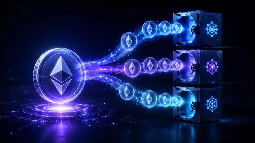 Restaking ETH explained — Ethereum coin flowing into multiple staking vaults