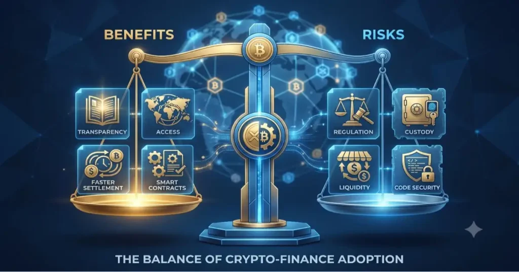 Balanced scale showing benefits and risks of real world assets blockchain investing, including transparency, liquidity, custody, and regulation.