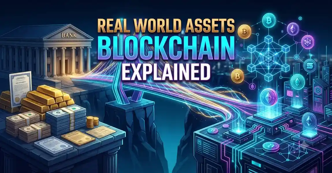 Futuristic bridge showing real world assets blockchain explained with property, gold, bonds, and digital tokens connected through blockchain technology.