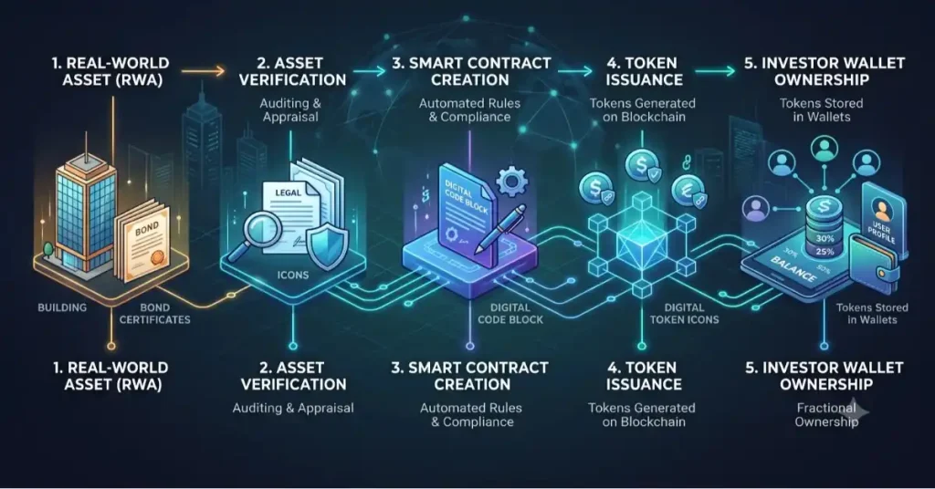 Infographic showing the RWA tokenization process from a real-world asset to blockchain tokens in a digital wallet.